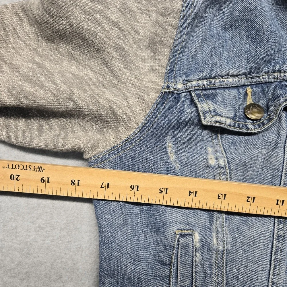 Free People‎ Jacket Womens Small Blue Gray Denim Fleece Hoodie Distressed Casual - Picture 12 of 16